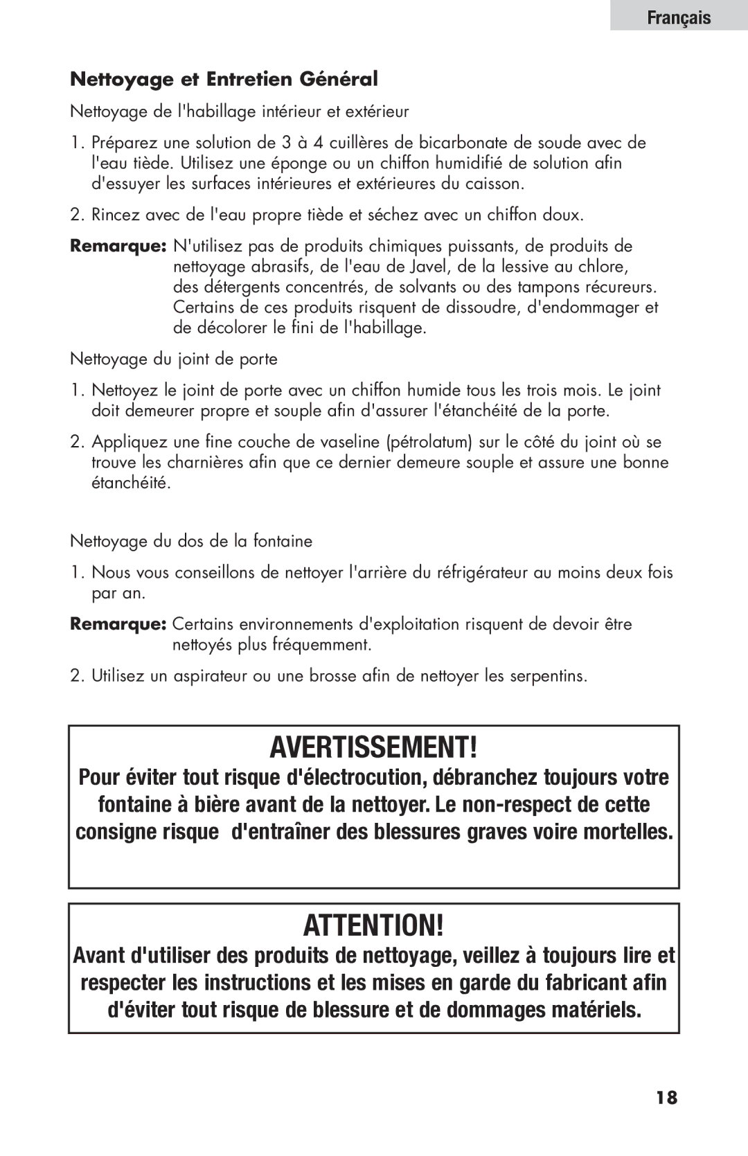 Haier HBF205E user manual Français Nettoyage et Entretien Général 