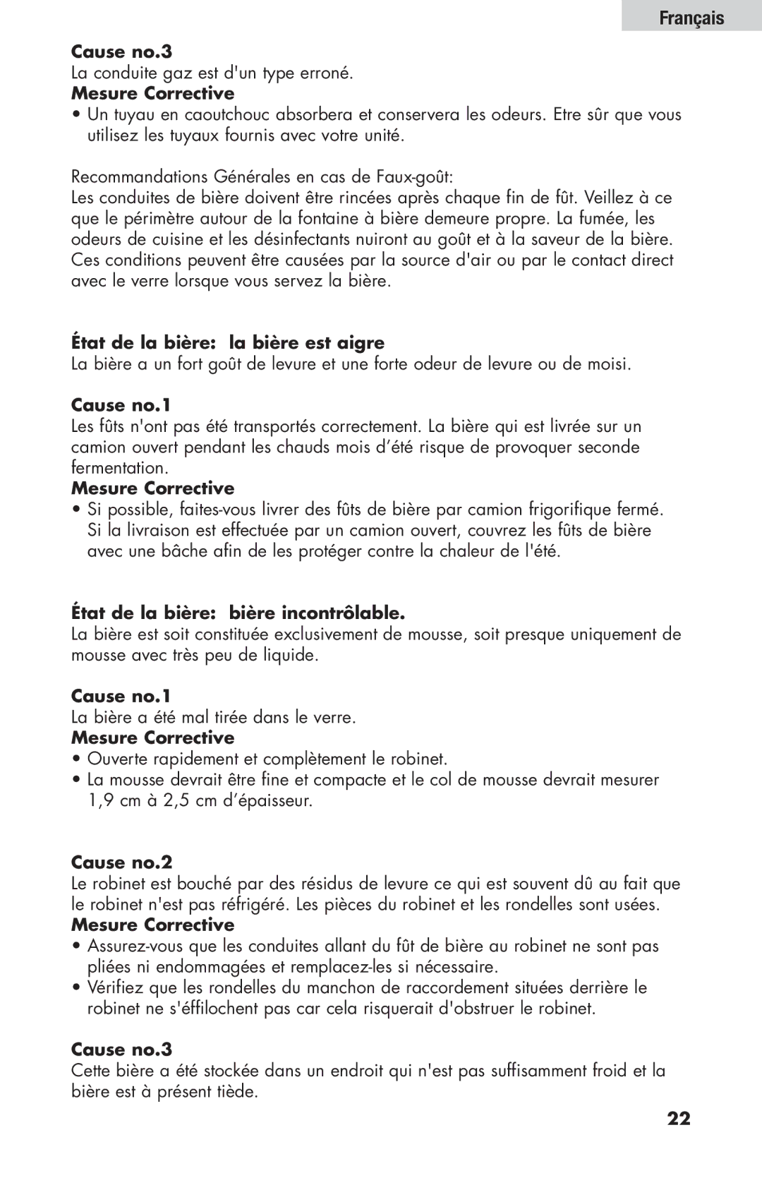 Haier HBF205E user manual État de la bière la bière est aigre, État de la bière bière incontrôlable 