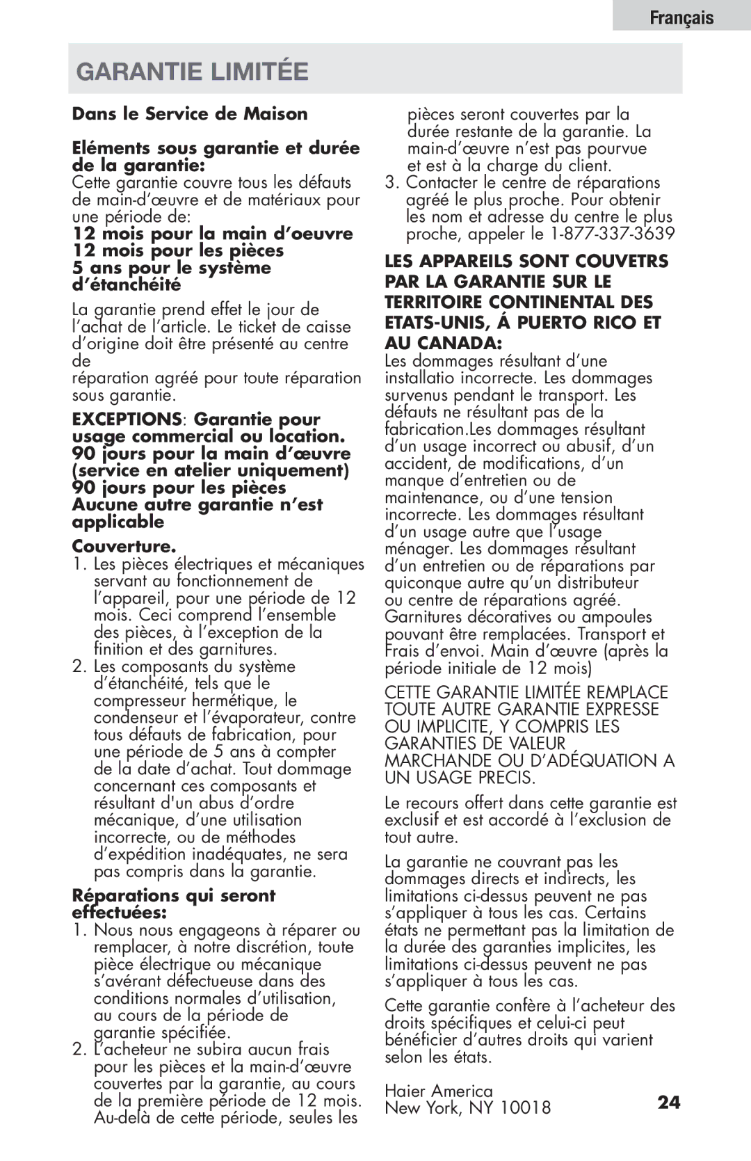 Haier HBF205E user manual Garantie Limitée, Réparations qui seront effectuées 