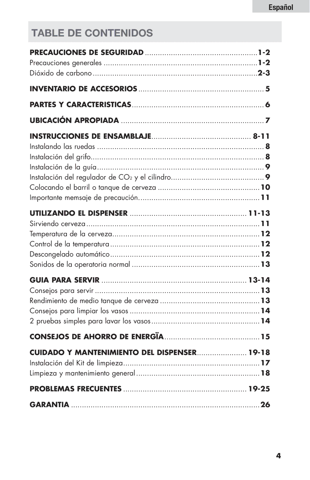 Haier HBF205E user manual Table DE Contenidos, Precauciones generales Dióxido de carbono, 11-13, 19-18, 19-25 