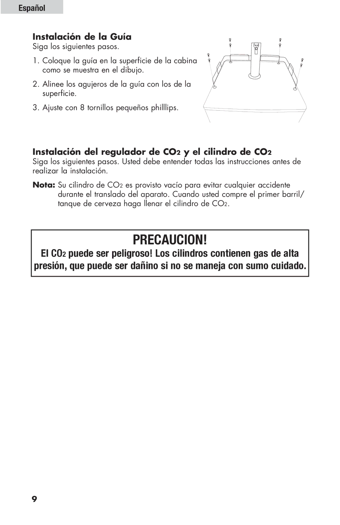 Haier HBF205E user manual Español Instalación de la Guía, Instalación del regulador de CO2 y el cilindro de CO2 