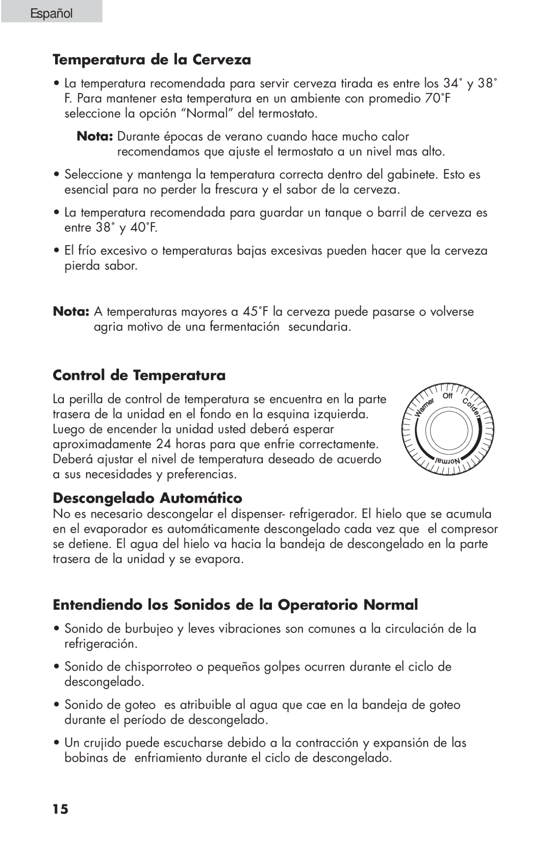 Haier HBF205E user manual Español Temperatura de la Cerveza, Control de Temperatura, Descongelado Automático 