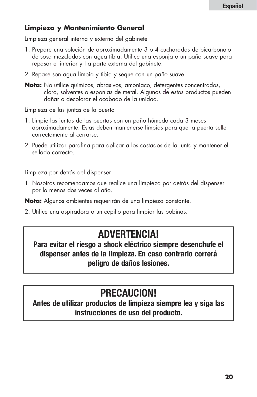 Haier HBF205E user manual Advertencia, Español Limpieza y Mantenimiento General 