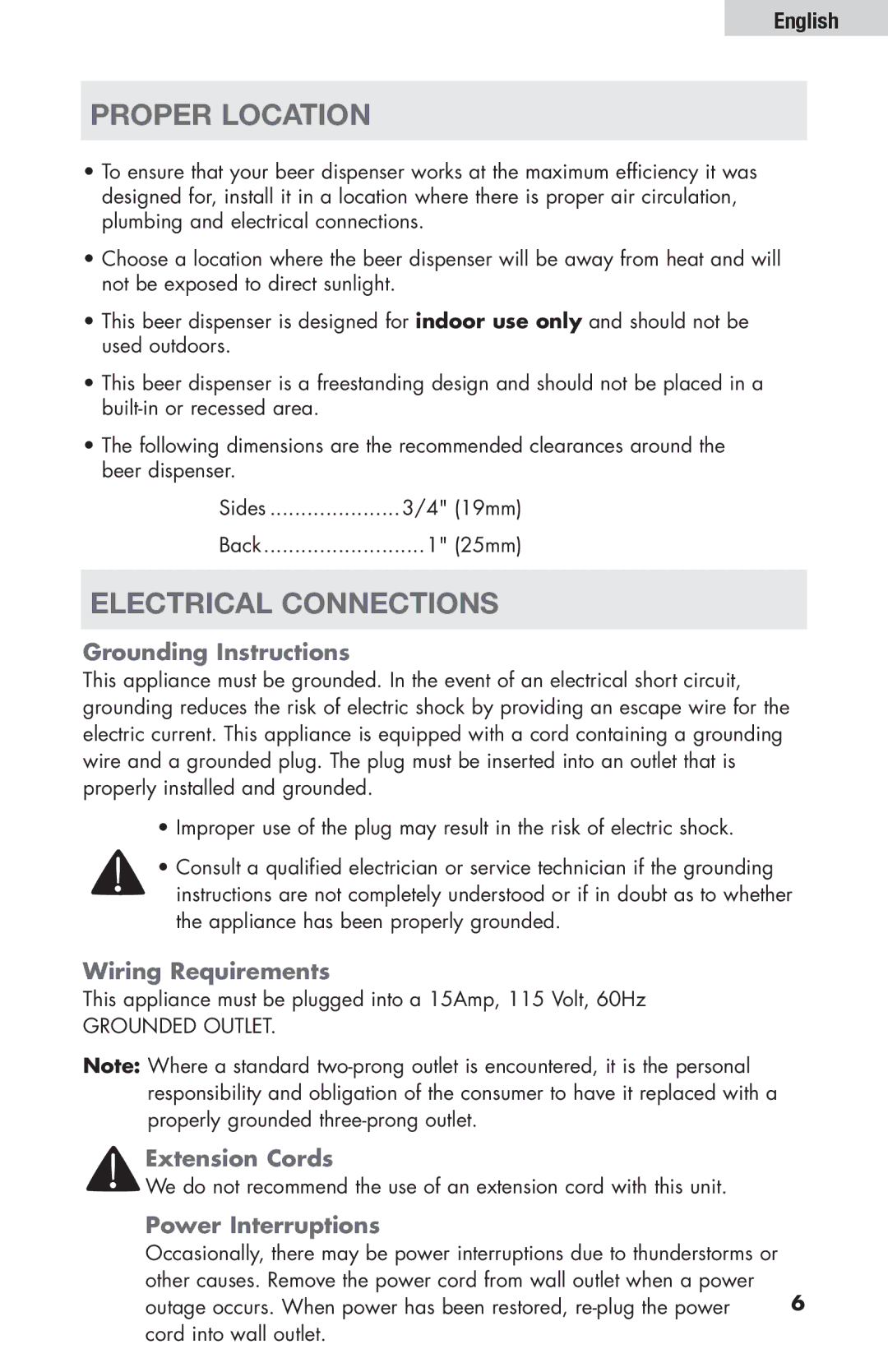 Haier HBF205E user manual Proper Location, Electrical Connections 