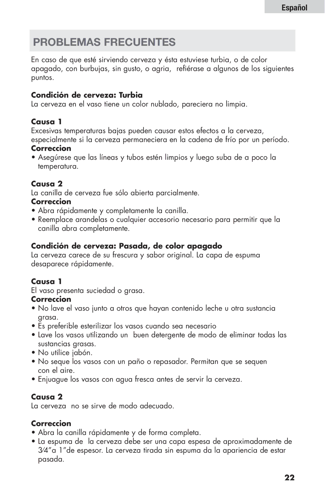 Haier HBF205E user manual Problemas Frecuentes, Condición de cerveza Turbia, Causa, Correccion 