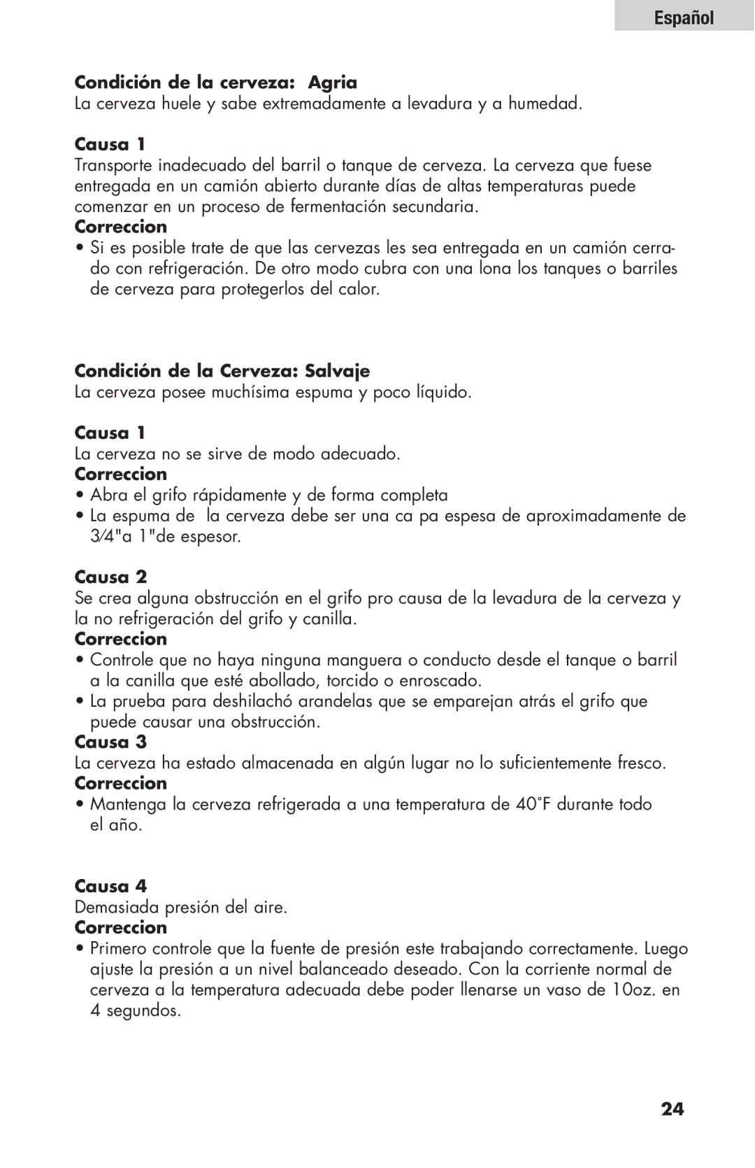 Haier HBF205E user manual Condición de la cerveza Agria, Condición de la Cerveza Salvaje 