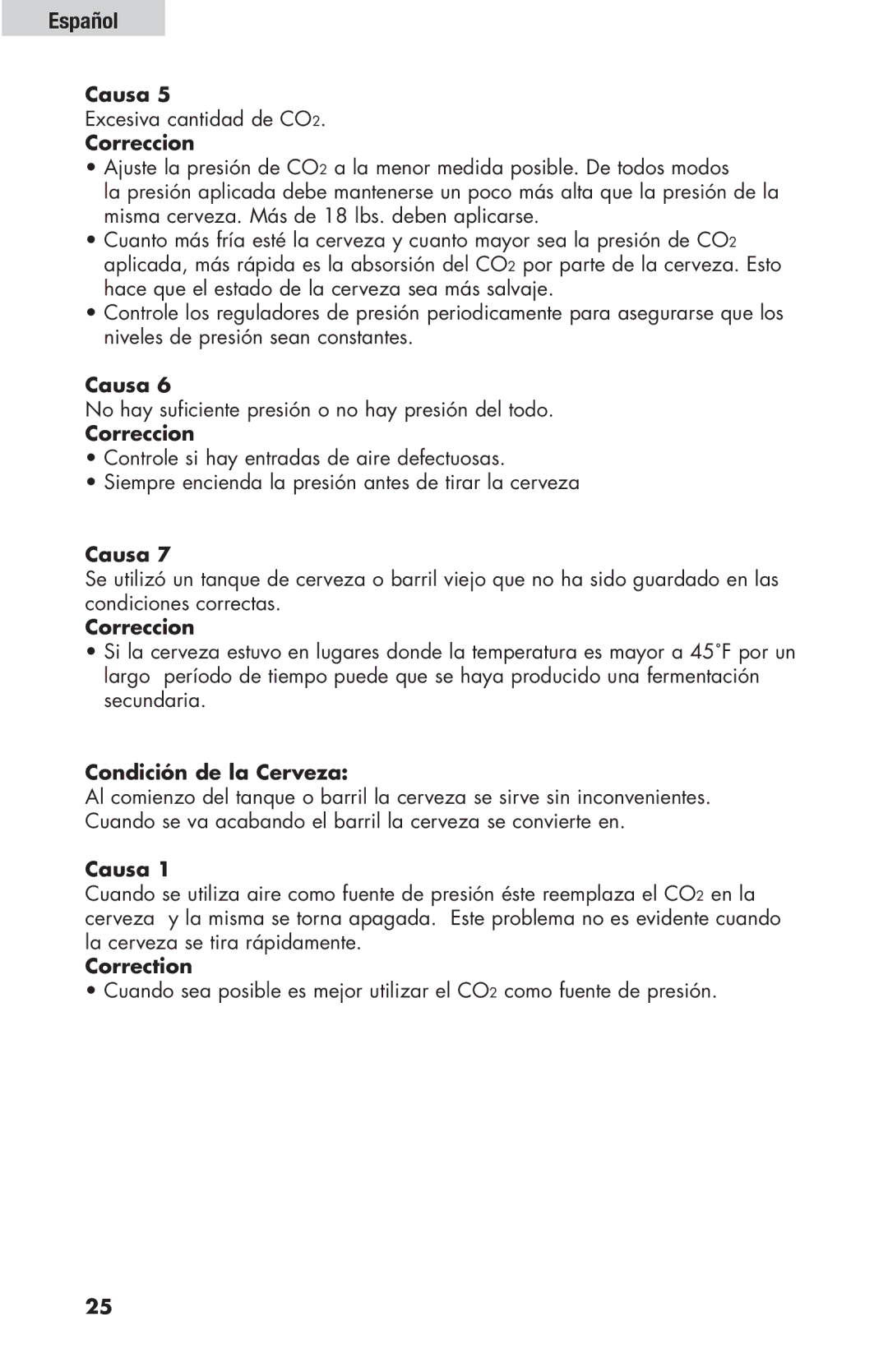 Haier HBF205E user manual Condición de la Cerveza, Correction 