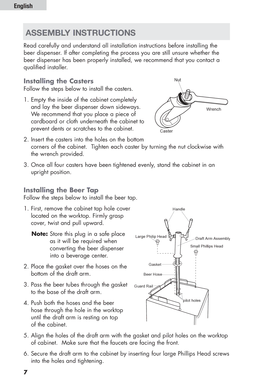 Haier HBF205E user manual Assembly Instructions, Installing the Casters, Installing the Beer Tap 