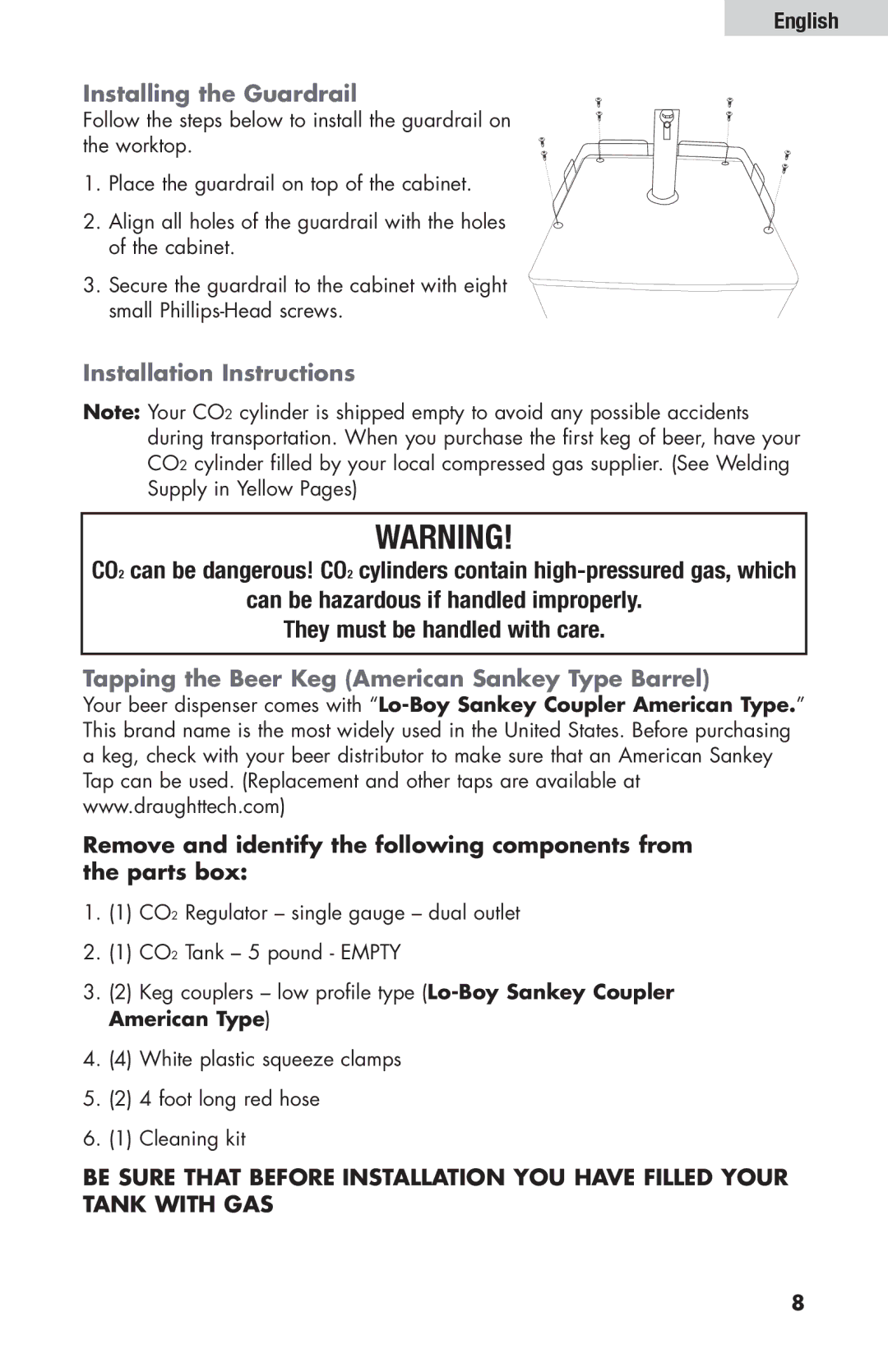 Haier HBF205E Installing the Guardrail, Installation Instructions, Tapping the Beer Keg American Sankey Type Barrel 