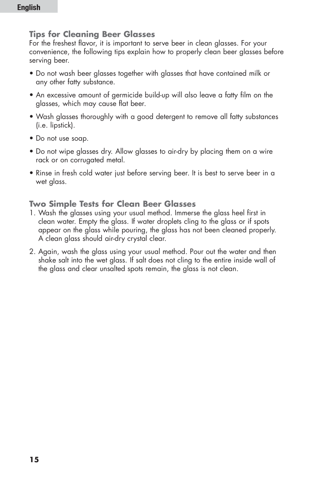 Haier HBF205E user manual Tips for Cleaning Beer Glasses, Two Simple Tests for Clean Beer Glasses, English 