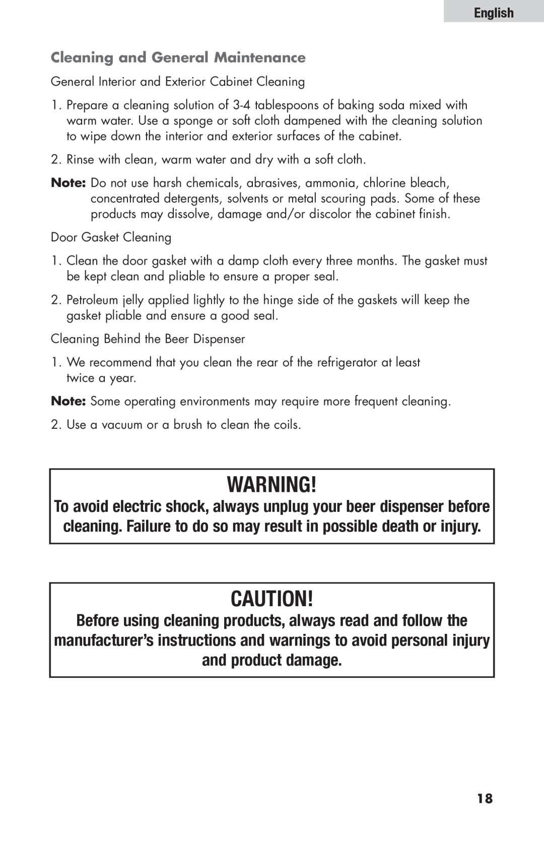 Haier HBF205E user manual Before using cleaning products, always read and follow the, and product damage, English 