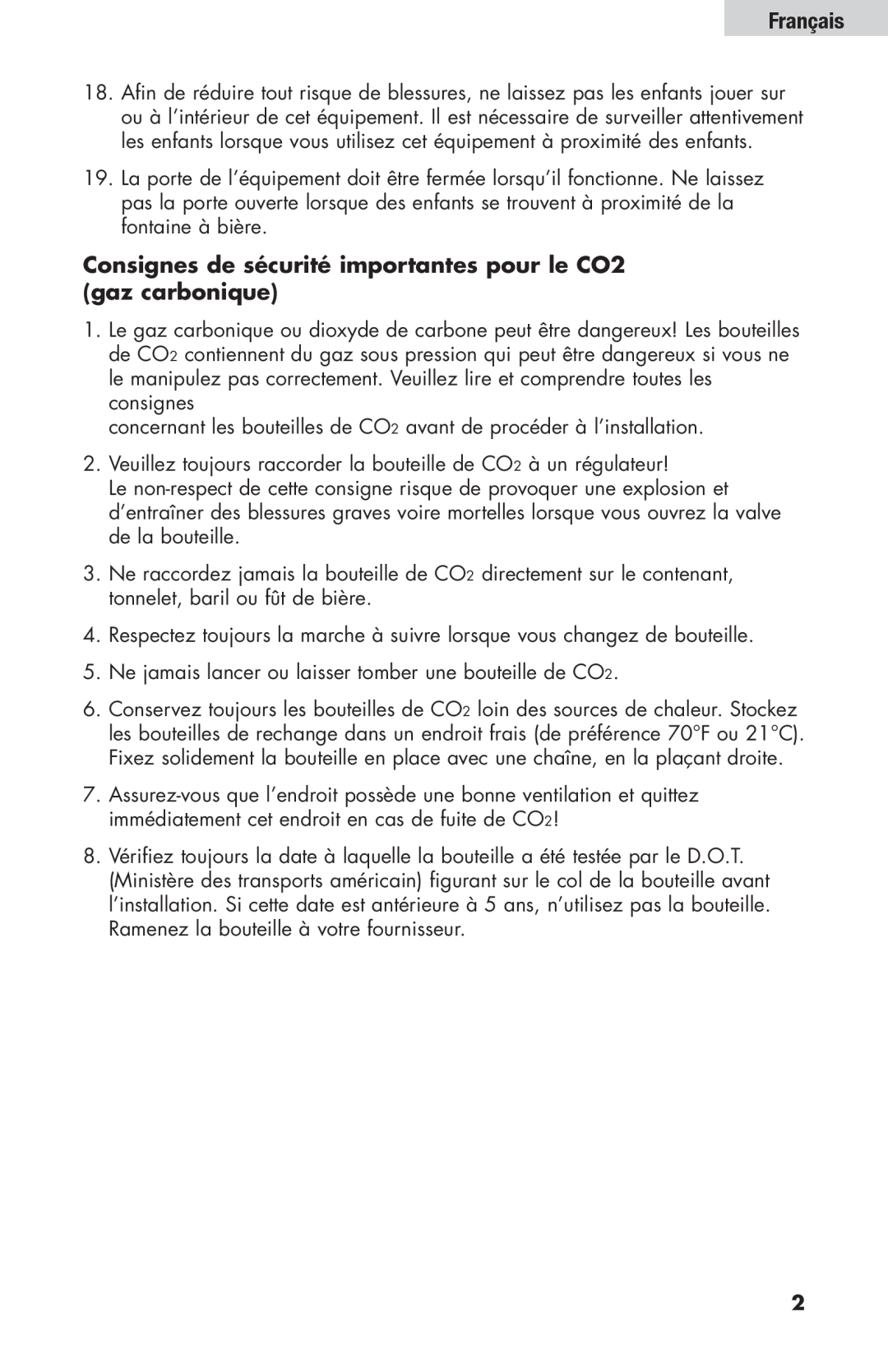Haier HBF205E user manual Consignes de sécurité importantes pour le CO2 gaz carbonique, Français 