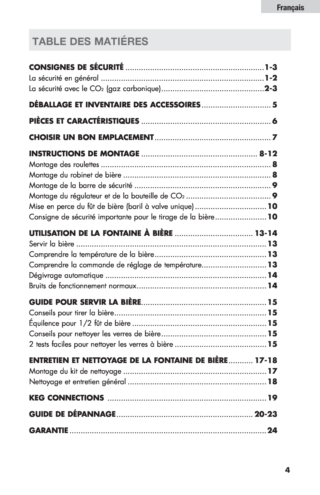 Haier HBF205E user manual TABLE DES MATIÉres, Français, Montage du régulateur et de la bouteille de CO2 