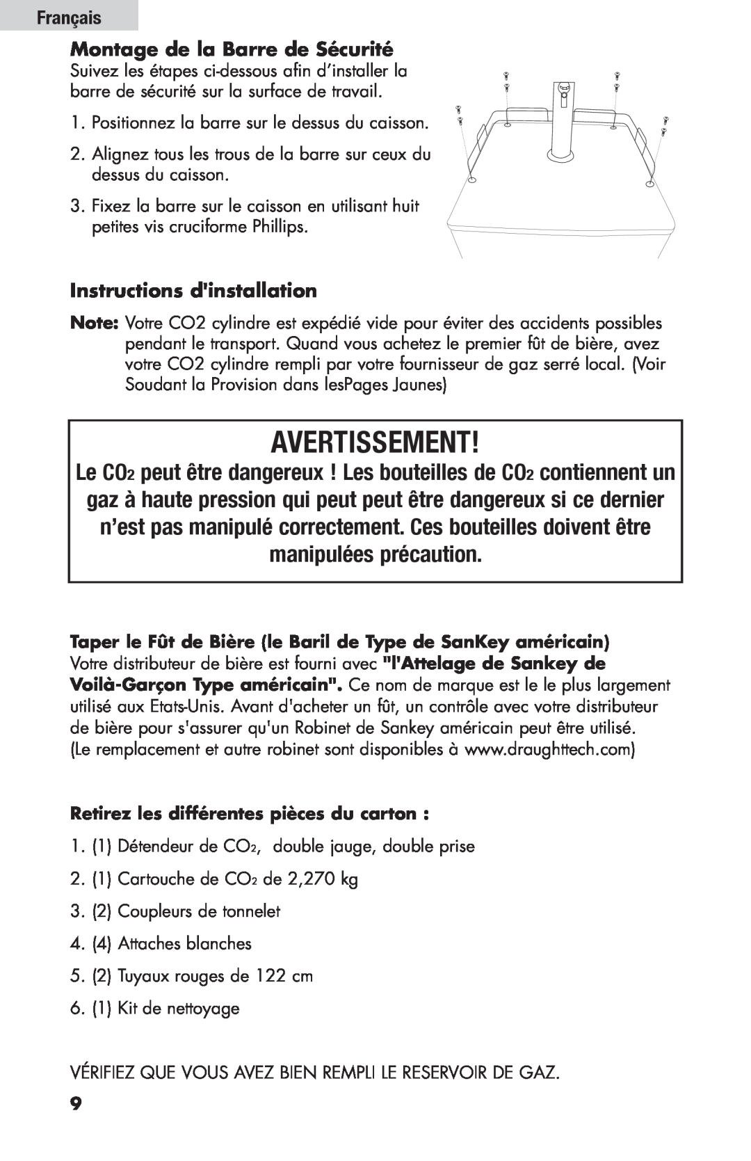 Haier HBF205E user manual Avertissement, Français Montage de la Barre de Sécurité, Instructions dinstallation 