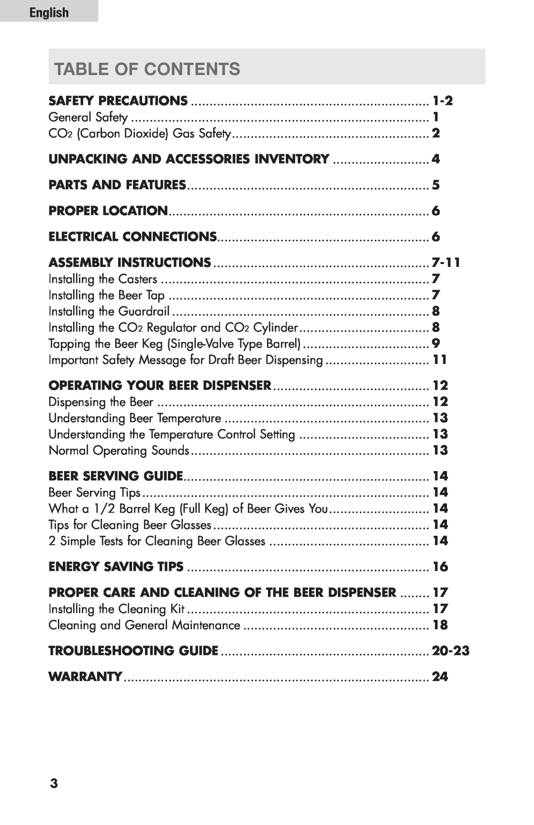 Haier HBF205E user manual Table Of Contents, English 