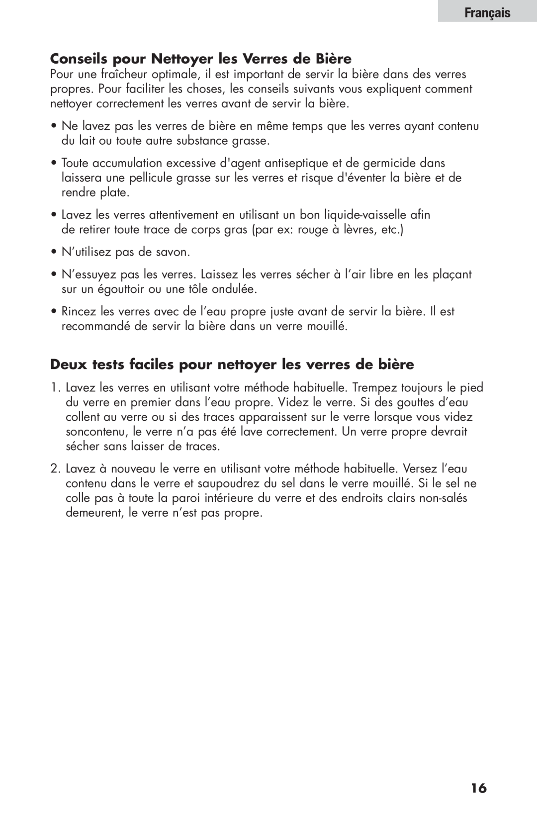 Haier HBF205E Français Conseils pour Nettoyer les Verres de Bière, Deux tests faciles pour nettoyer les verres de bière 