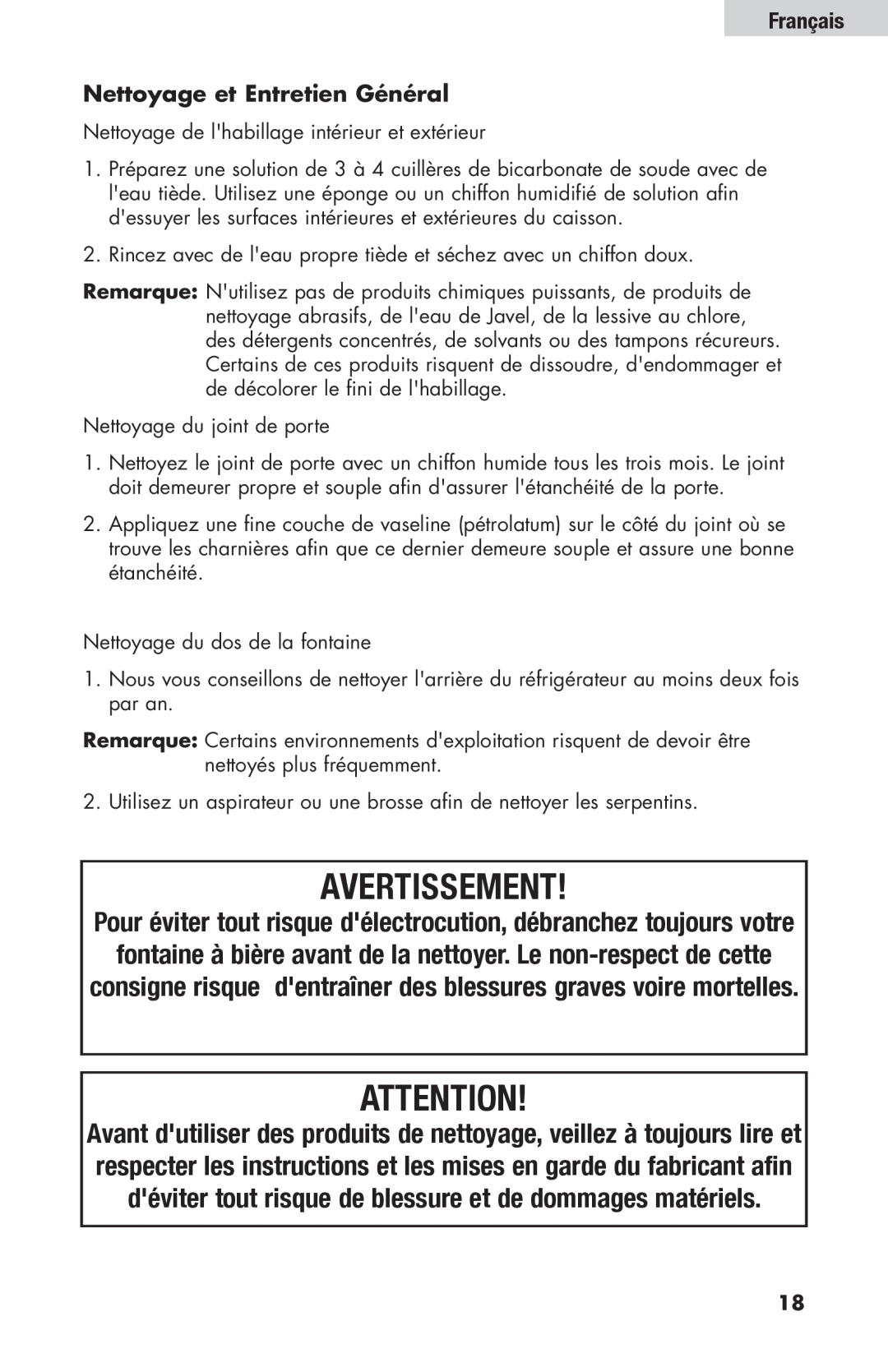 Haier HBF205E user manual Français Nettoyage et Entretien Général, Avertissement 