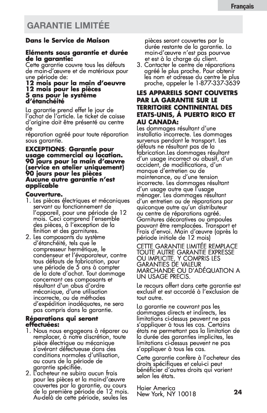 Haier HBF205E Garantie Limitée, Français, Dans le Service de Maison, Eléments sous garantie et durée de la garantie 