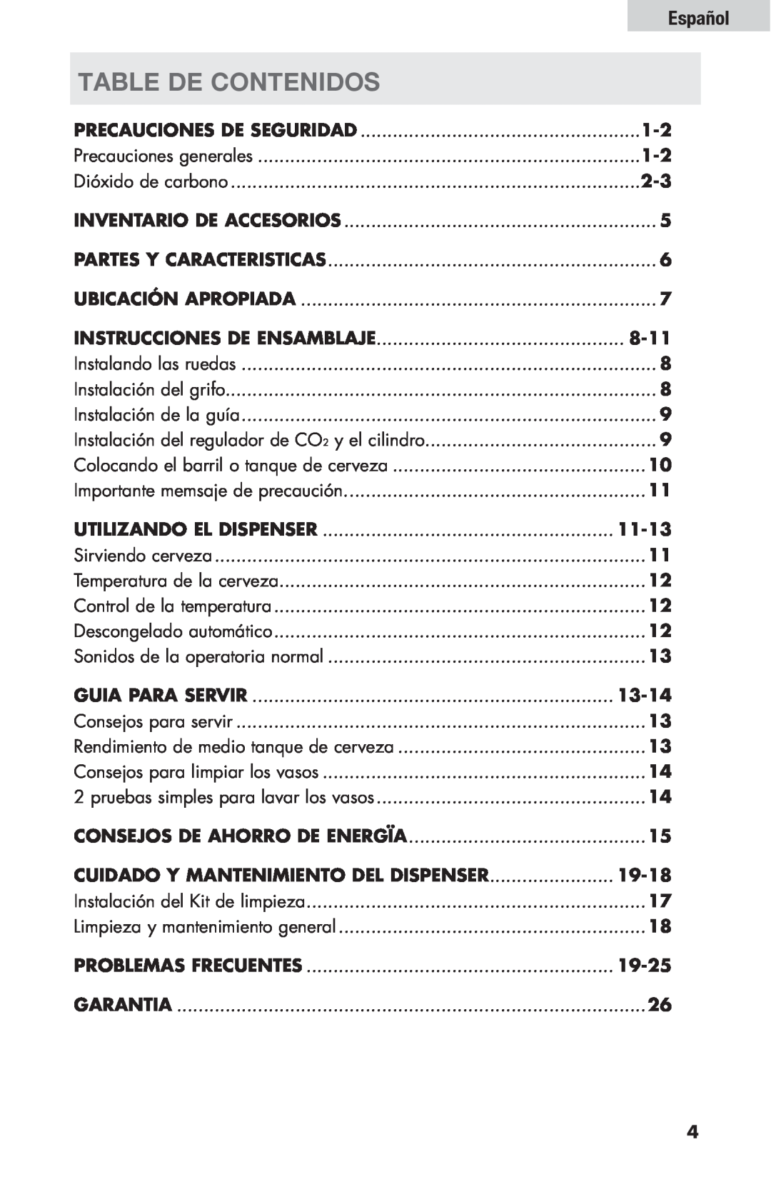 Haier HBF205E user manual Table De Contenidos, Español 