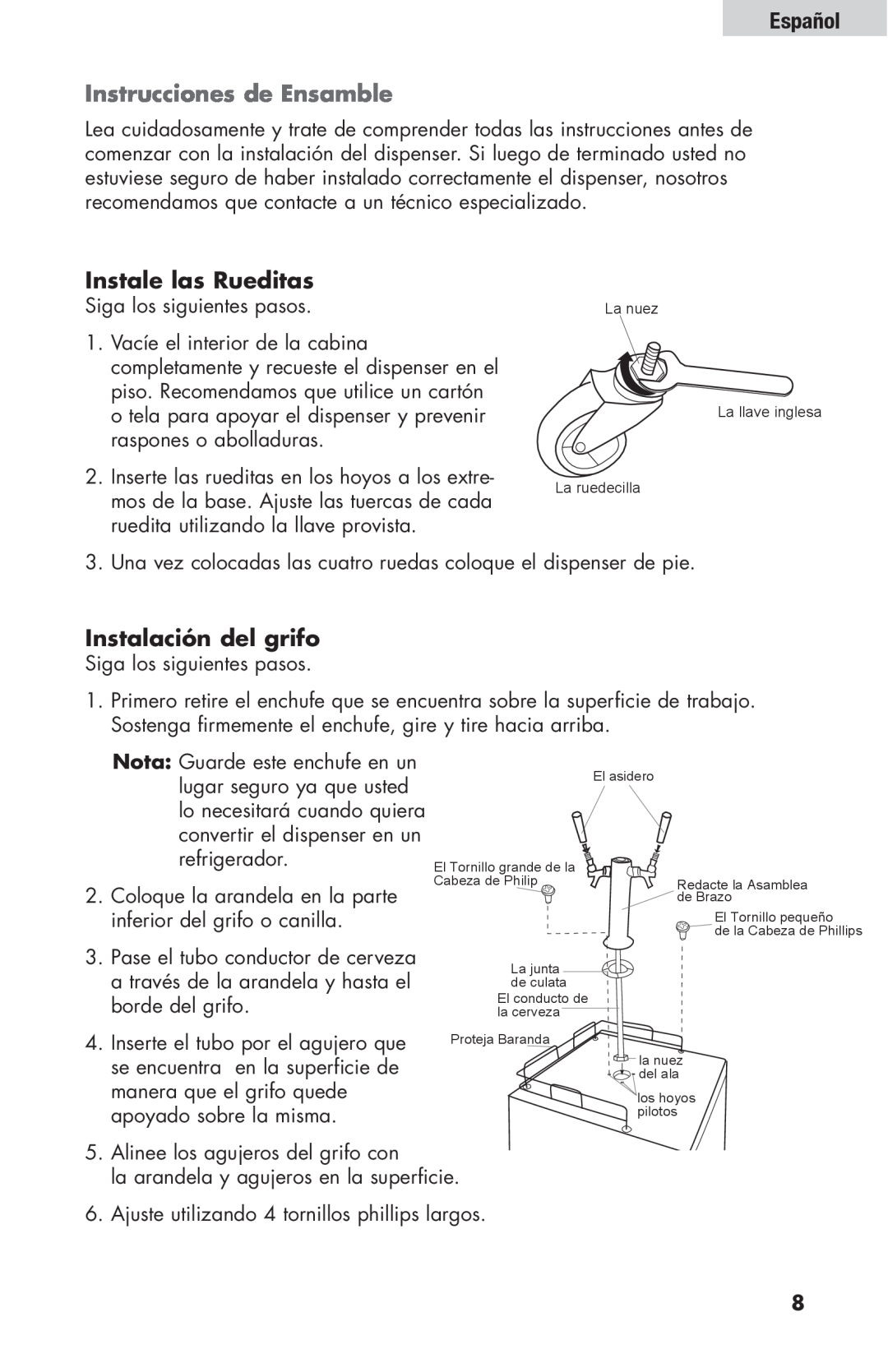 Haier HBF205E user manual Instrucciones de Ensamble, Instale las Rueditas, Instalación del grifo, Español 