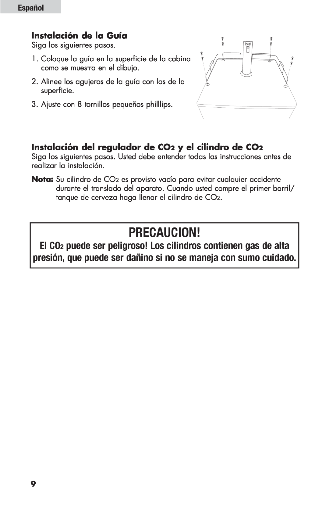 Haier HBF205E user manual Precaucion, Español Instalación de la Guía, Instalación del regulador de CO2 y el cilindro de CO2 