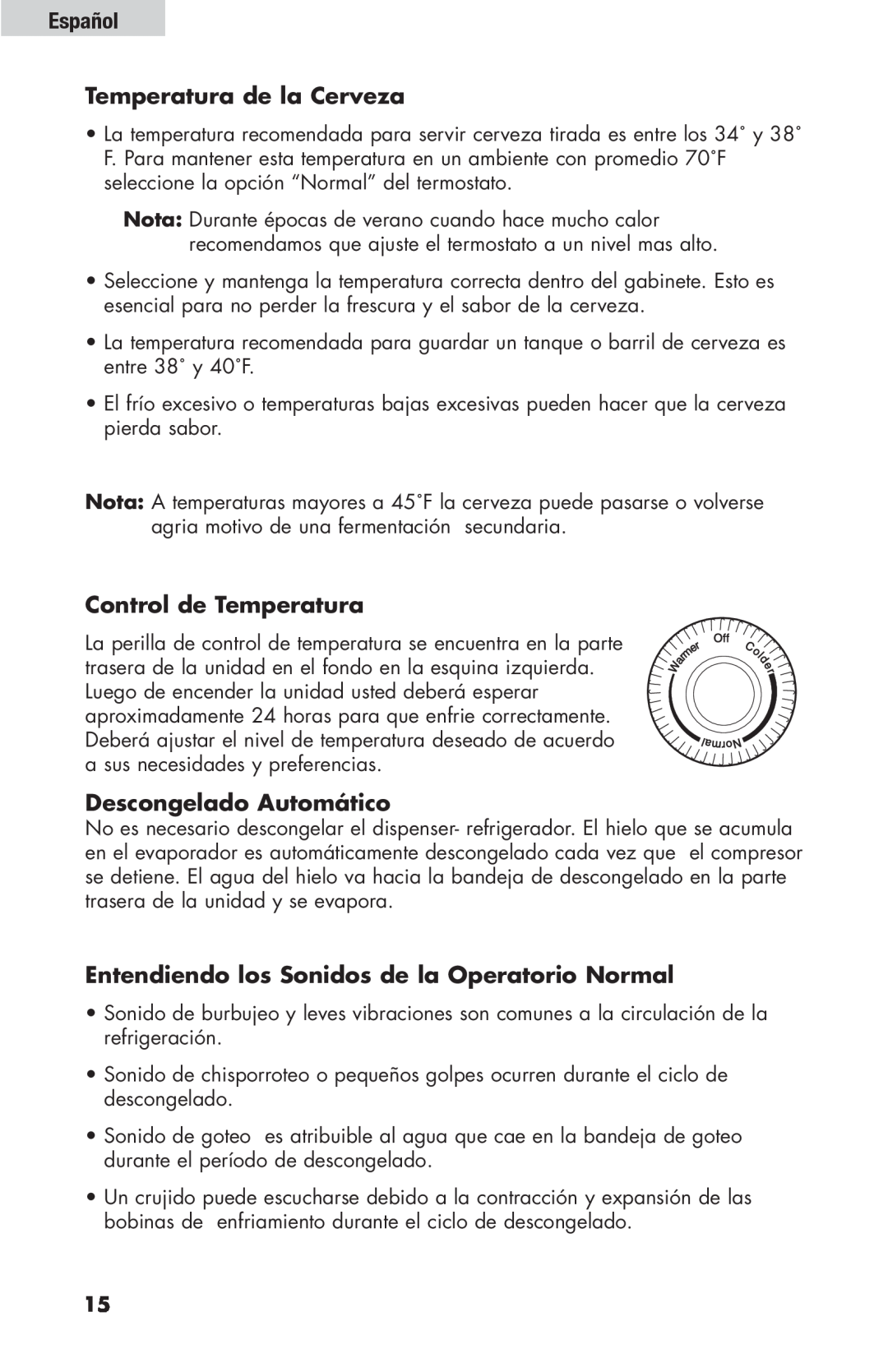 Haier HBF205E user manual Español Temperatura de la Cerveza, Control de Temperatura, Descongelado Automático 