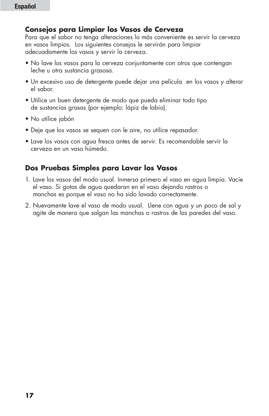 Haier HBF205E user manual Español Consejos para Limpiar los Vasos de Cerveza, Dos Pruebas Simples para Lavar los Vasos 