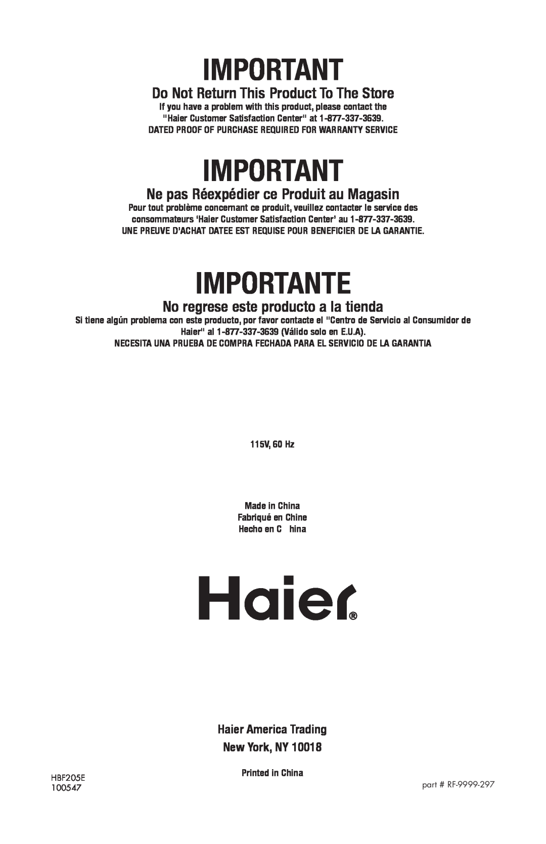 Haier HBF205E user manual Importante, Do Not Return This Product To The Store, Ne pas Réexpédier ce Produit au Magasin 