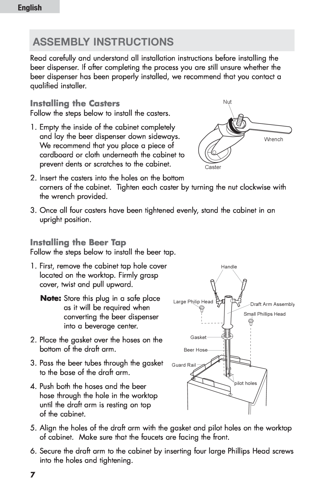 Haier HBF205E user manual Assembly Instructions, Installing the Casters, Installing the Beer Tap, English 