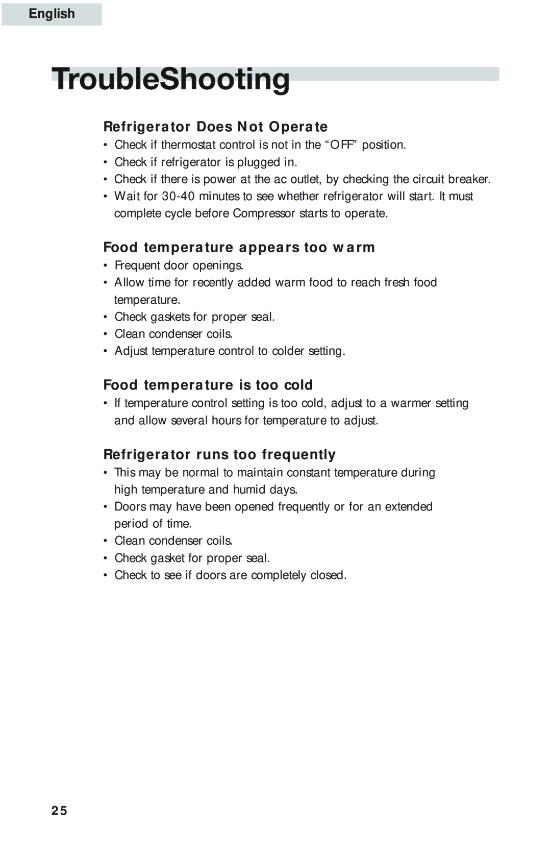 Haier HBE18, HBQ18, HBP18 user manual TroubleShooting, Refrigerator Does Not Operate, Food temperature appears too warm 