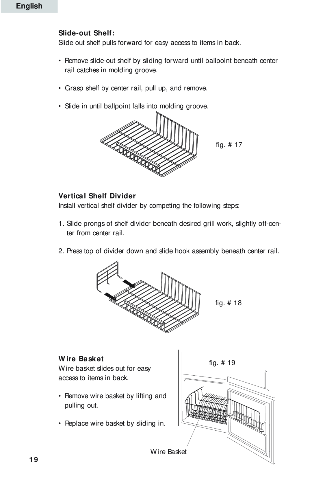 Haier HBE18, HBQ18, HBP18 user manual English, Slide-out Shelf, Vertical Shelf Divider, Wire Basket 