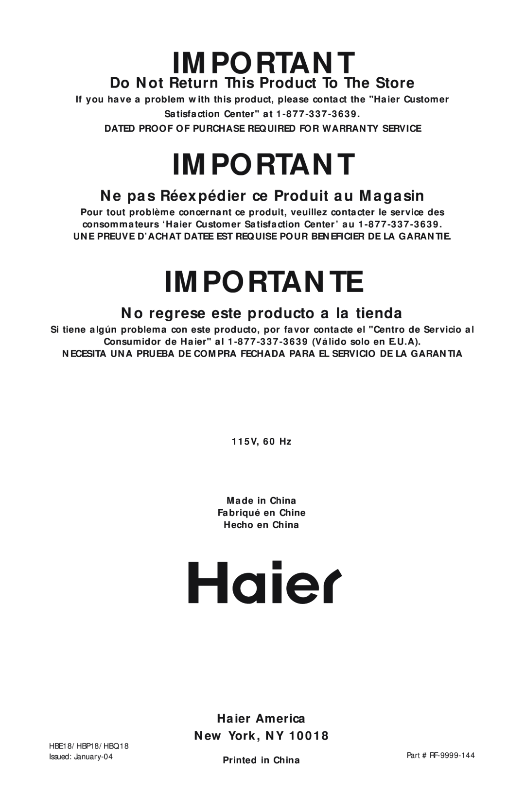 Haier HBE18, HBQ18, HBP18 Importante, Do Not Return This Product To The Store, Ne pas Réexpédier ce Produit au Magasin 
