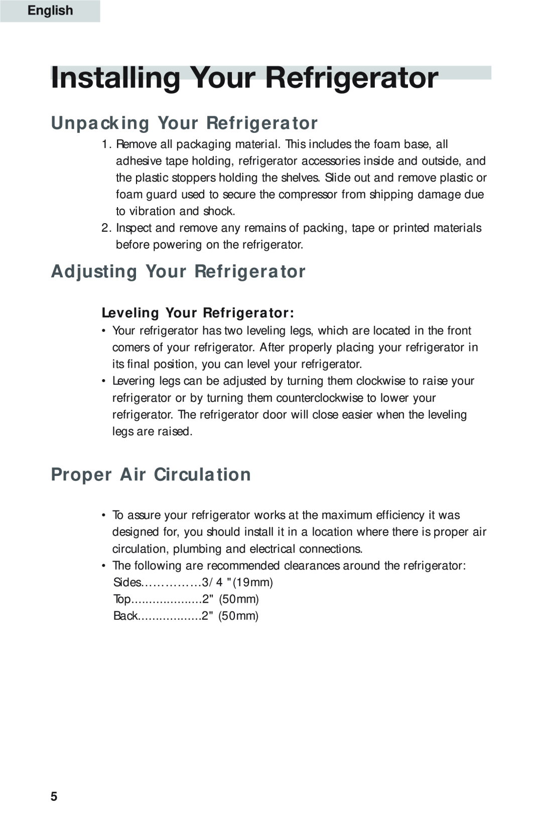 Haier HBQ18 Installing Your Refrigerator, Unpacking Your Refrigerator, Adjusting Your Refrigerator, Proper Air Circulation 