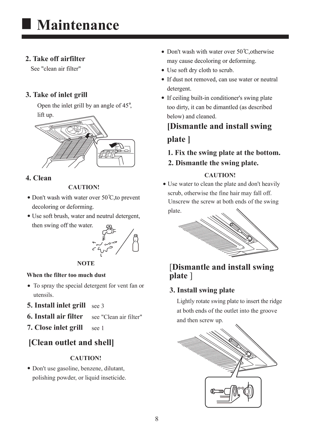 Haier HBU-18HF03, HBU-18CF03 installation manual Clean outlet and shell, Dismantle and install swing plate 