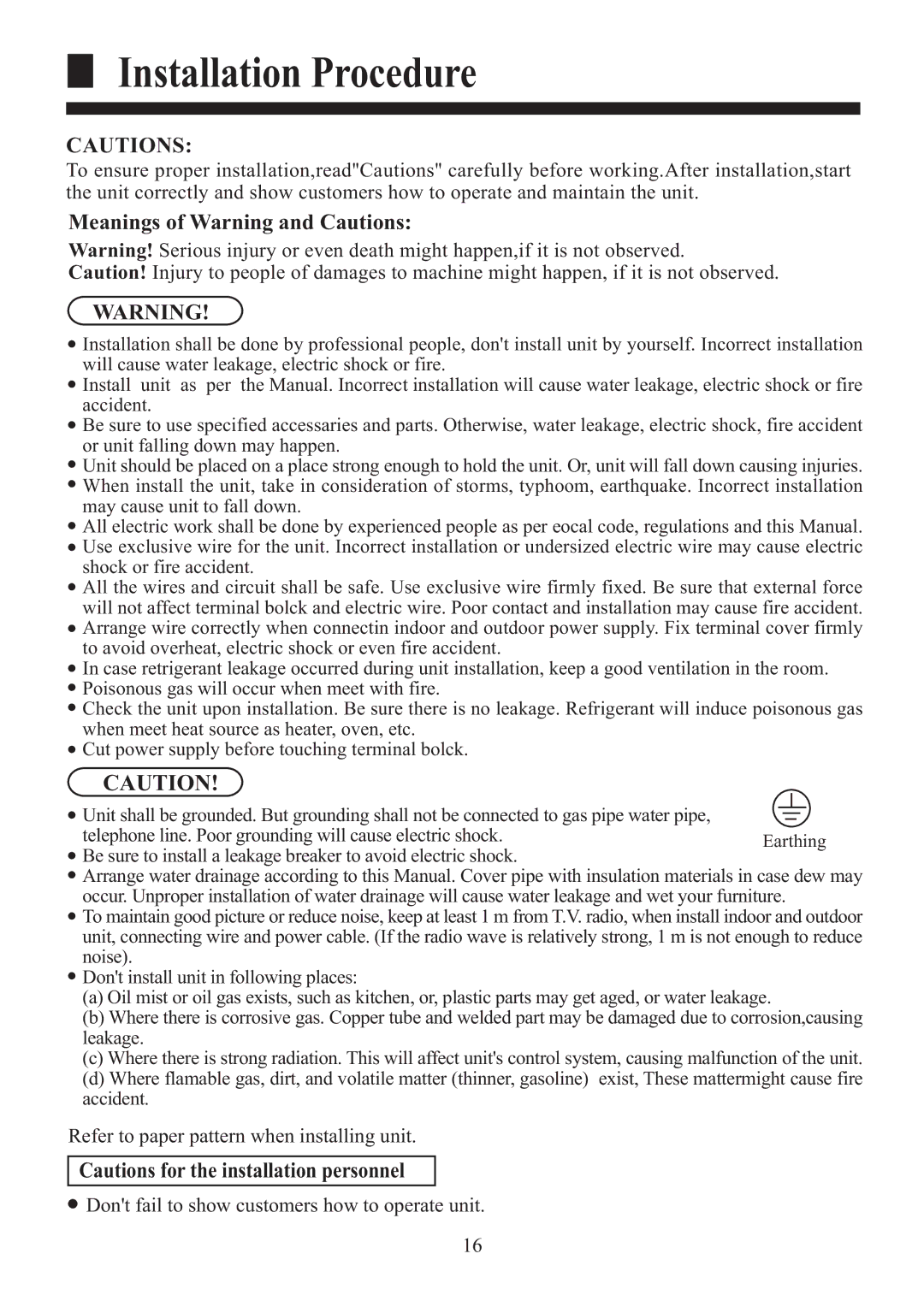 Haier HBU-18HF03, HBU-18CF03 installation manual Meanings of Warning and Cautions 