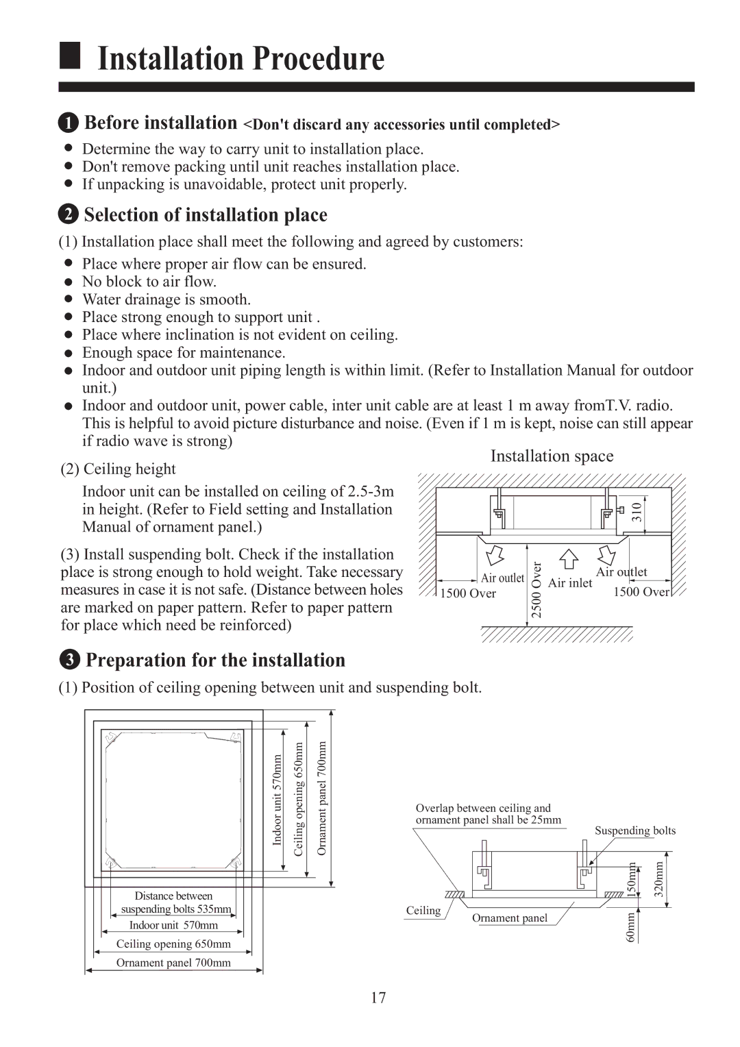 Haier HBU-18CF03, HBU-18HF03 installation manual Selection of installation place, Preparation for the installation 