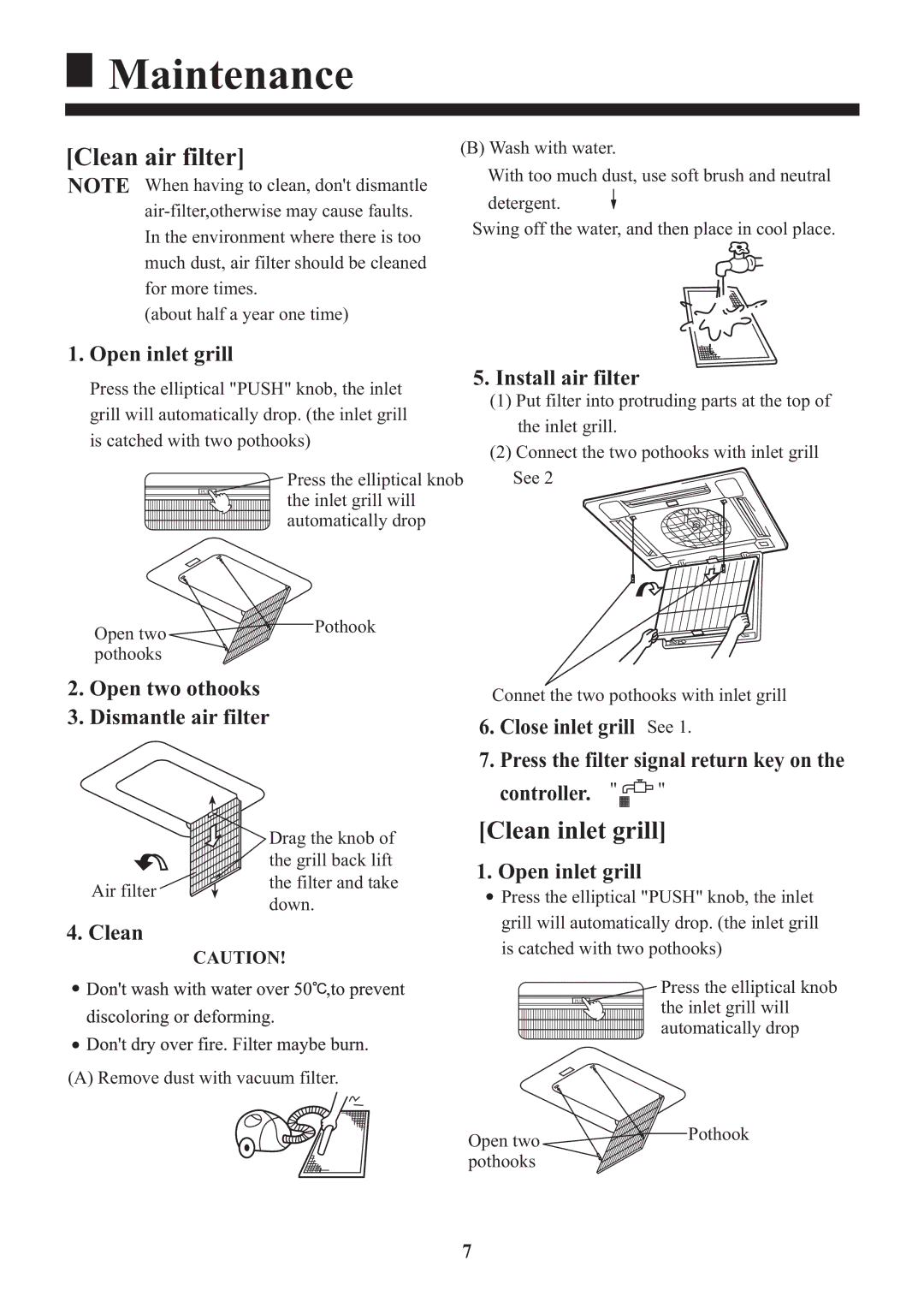 Haier HBU-18CF03, HBU-18HF03 installation manual Maintenance, Clean air filter, Clean inlet grill 