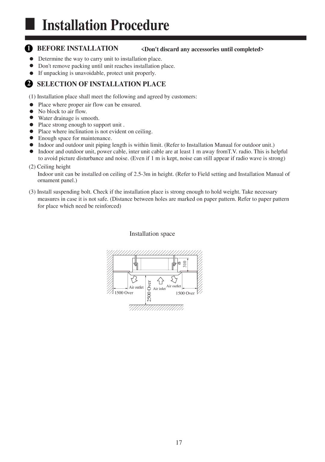 Haier HBU-18CF03, HBU-18HF03 operation manual Before Installation, Selection of Installation Place 