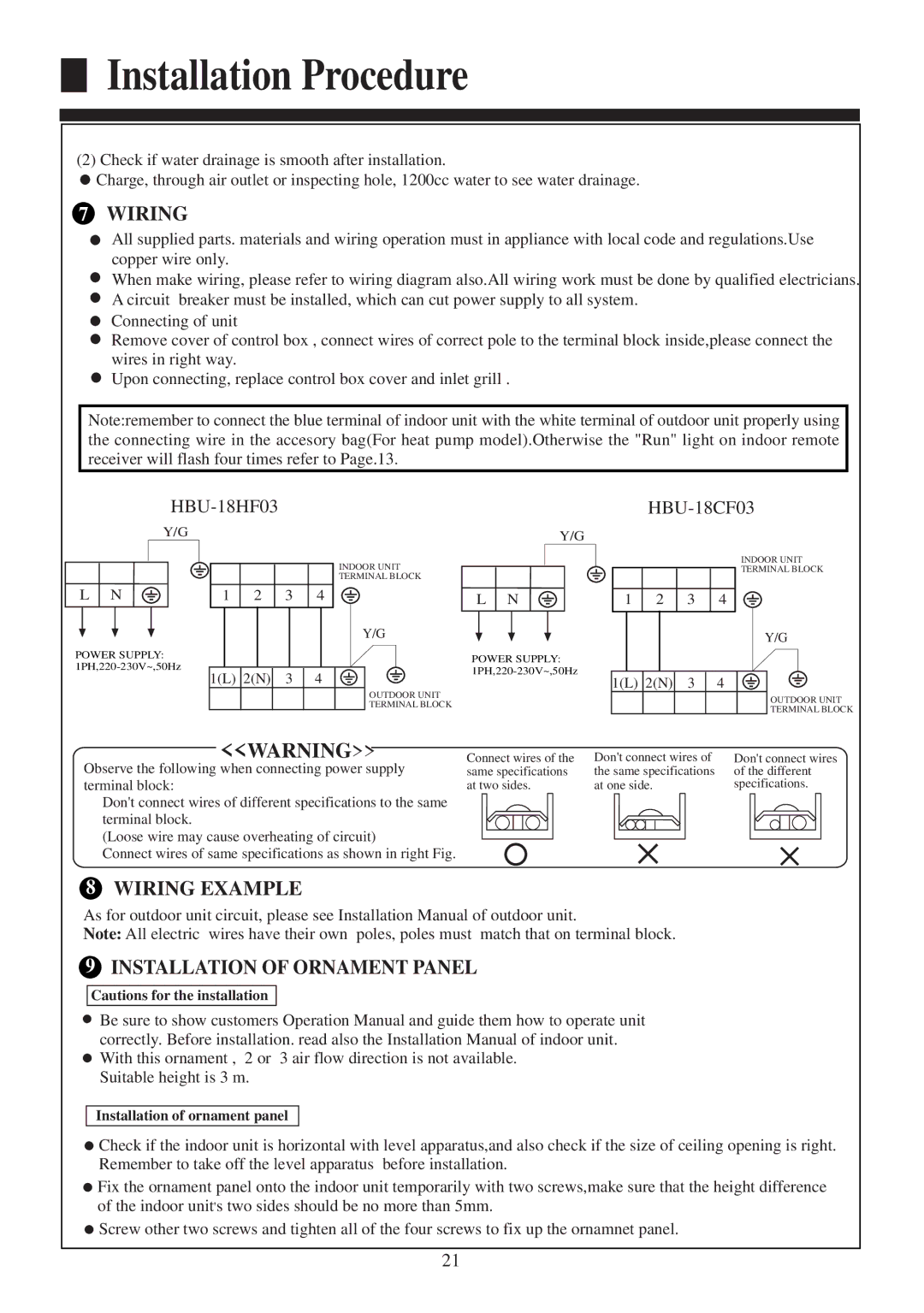 Haier HBU-18CF03, HBU-18HF03 operation manual Wiring Example, Installation of Ornament Panel 