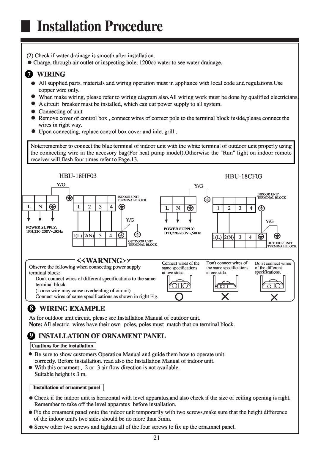 Haier HBU-18CF03, HBU-18HF03 operation manual Installation Procedure, Wiring Example, Installation Of Ornament Panel 
