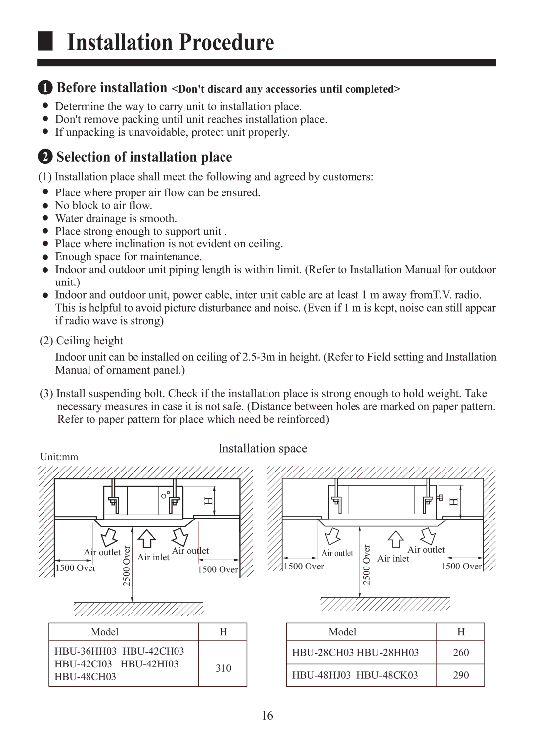 Haier HBU-48HJ03, HBU-48CK03, HBU-42CH03, HBU-42HI03, HBU-36HH03, HBU-48CH03 Selection of installation place, Unitmm 