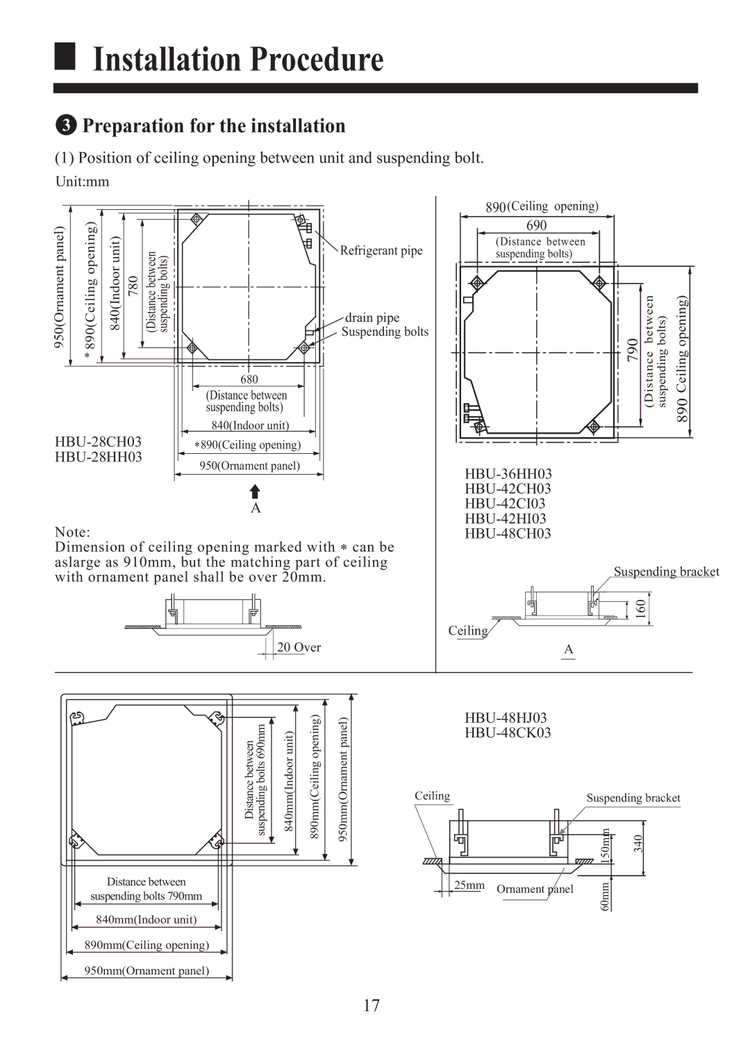 Haier HBU-48CK03 Preparation for the installation, HBU-28CH03, 690, HBU-36HH03 HBU-42CH03 HBU-42CI03 HBU-42HI03 HBU-48CH03 