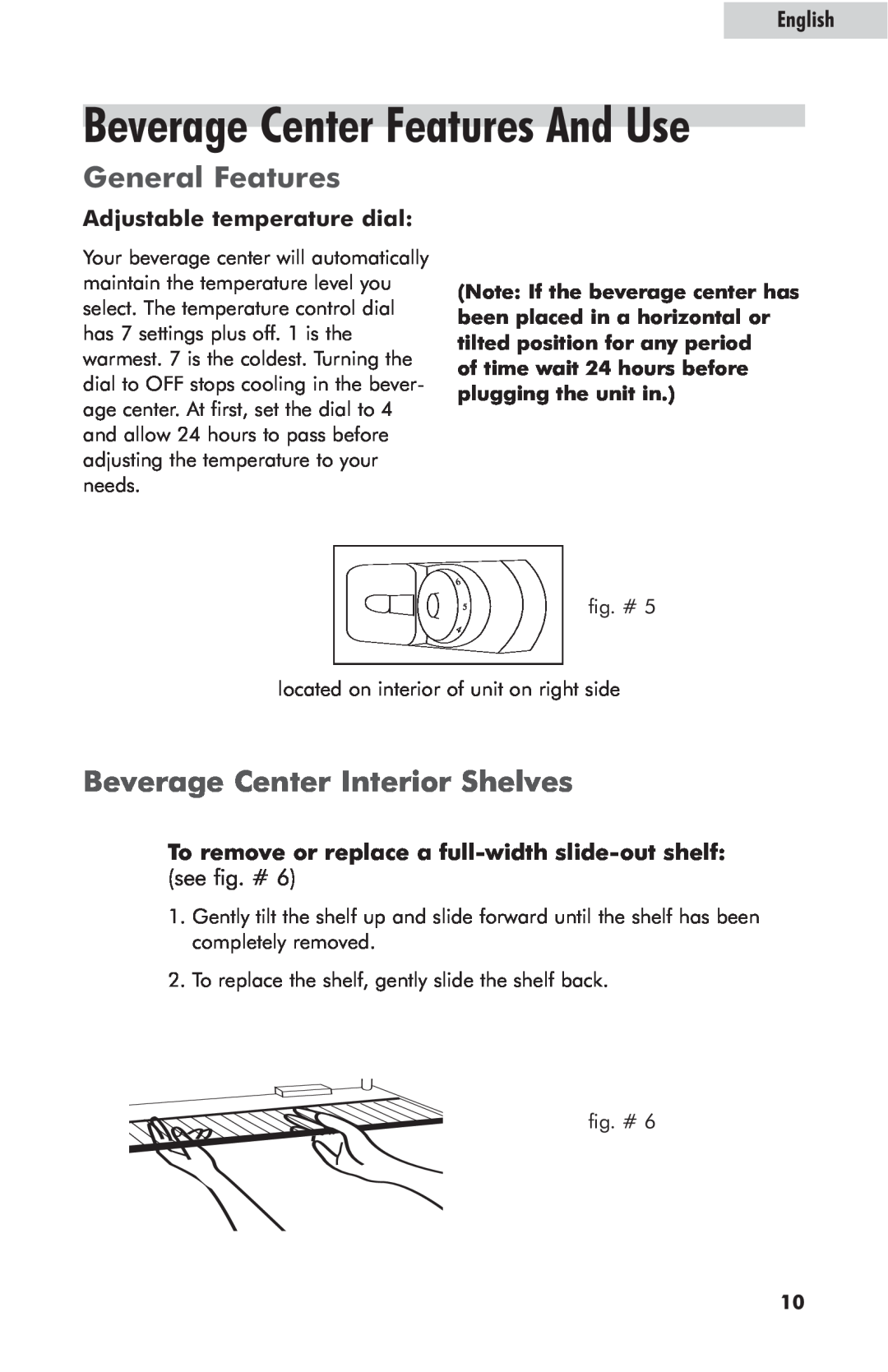 Haier hc125fvs user manual General Features, Beverage Center Interior Shelves, Adjustable temperature dial, English 