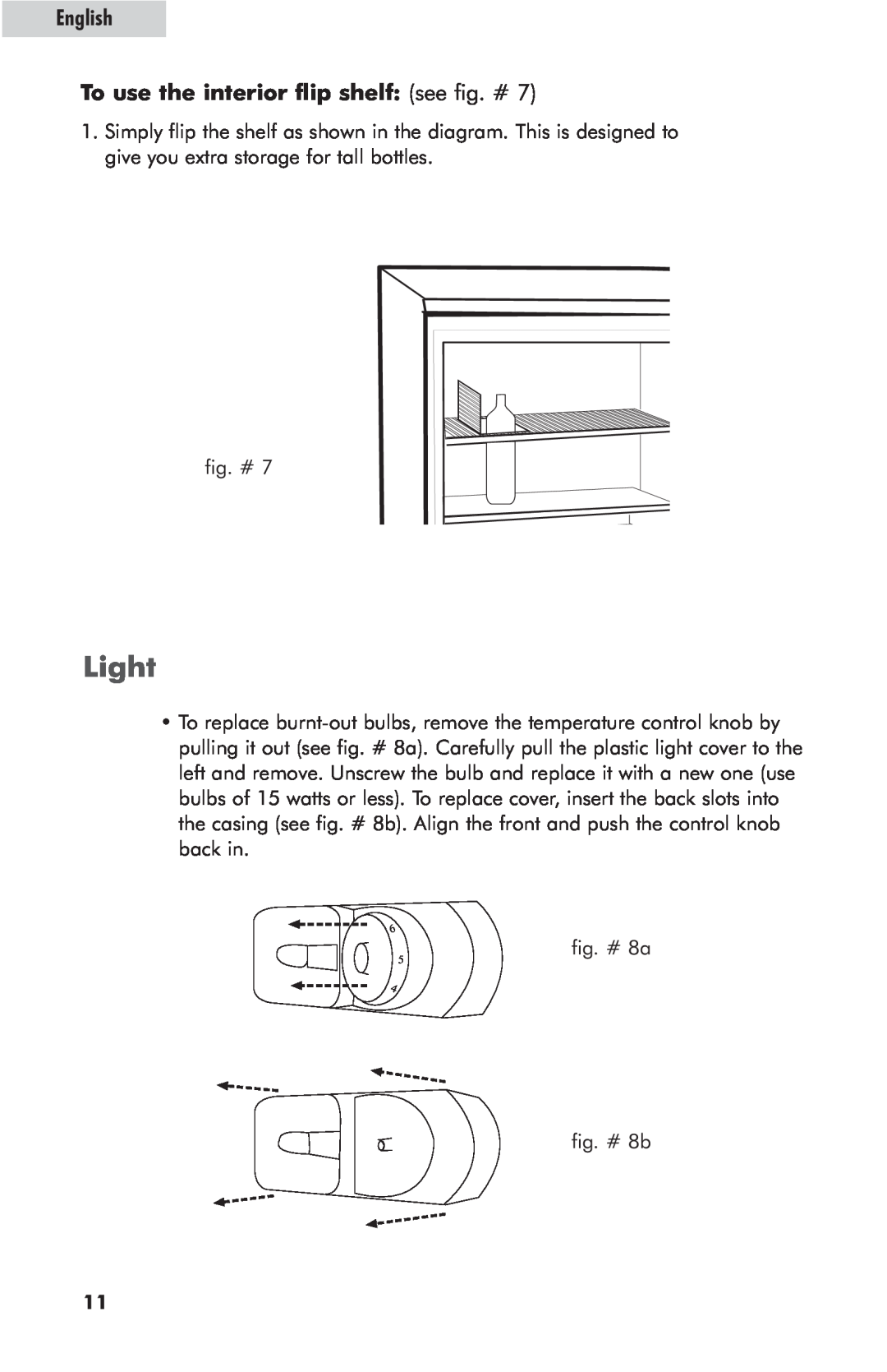Haier hc125fvs user manual Light, To use the interior flip shelf see fig. #, English 