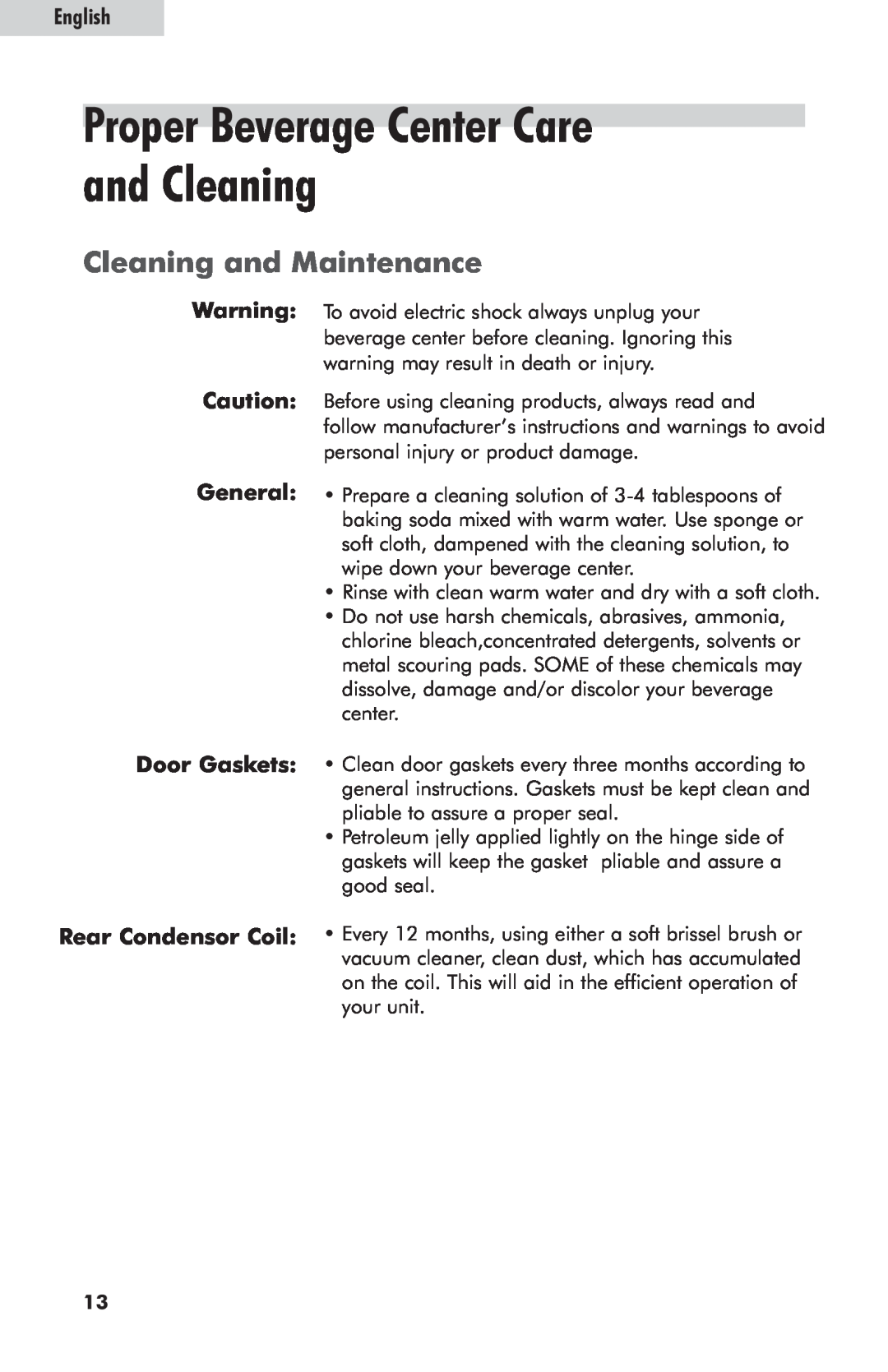 Haier hc125fvs user manual Proper Beverage Center Care and Cleaning, Cleaning and Maintenance, English 