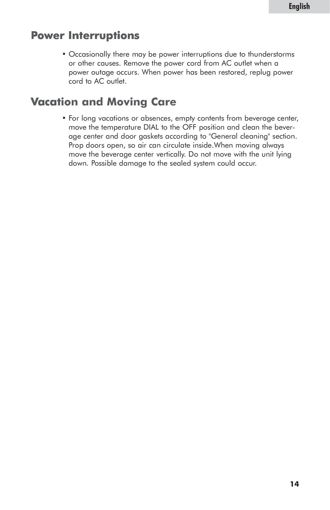 Haier hc125fvs user manual Power Interruptions, Vacation and Moving Care, English 
