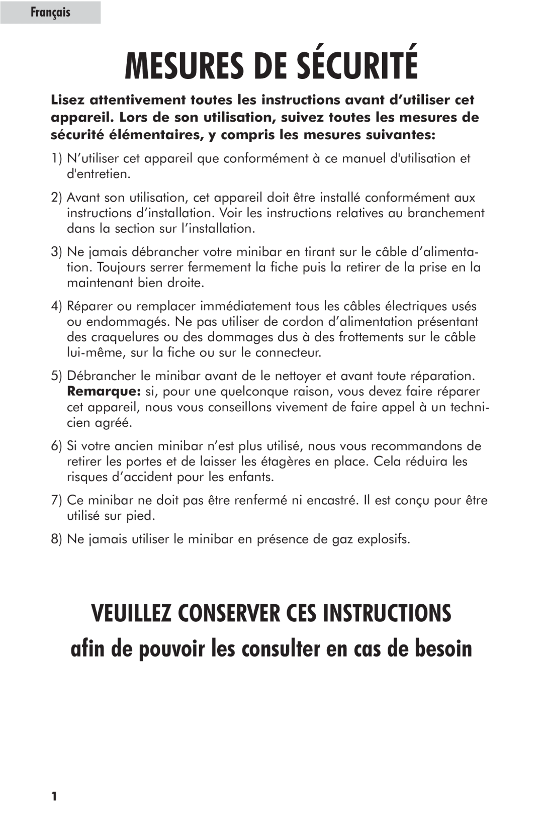 Haier hc125fvs user manual Mesures De Sécurité, Français, Veuillez Conserver Ces Instructions 