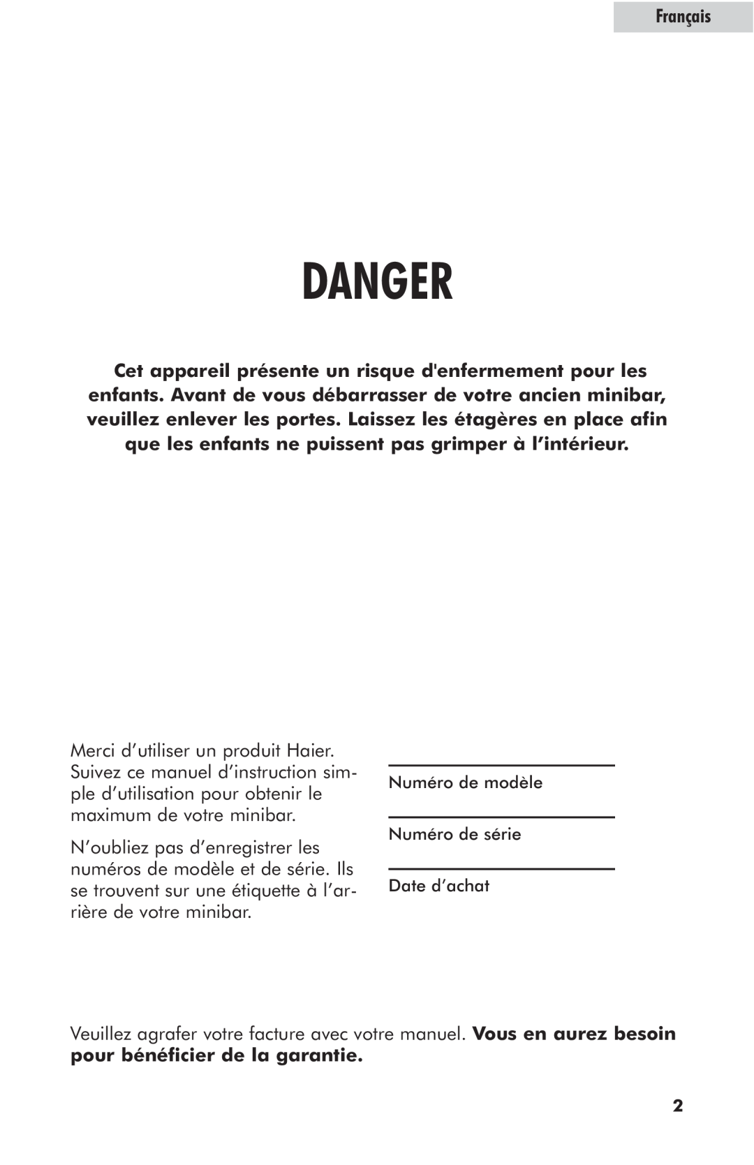 Haier hc125fvs user manual Danger, Français 