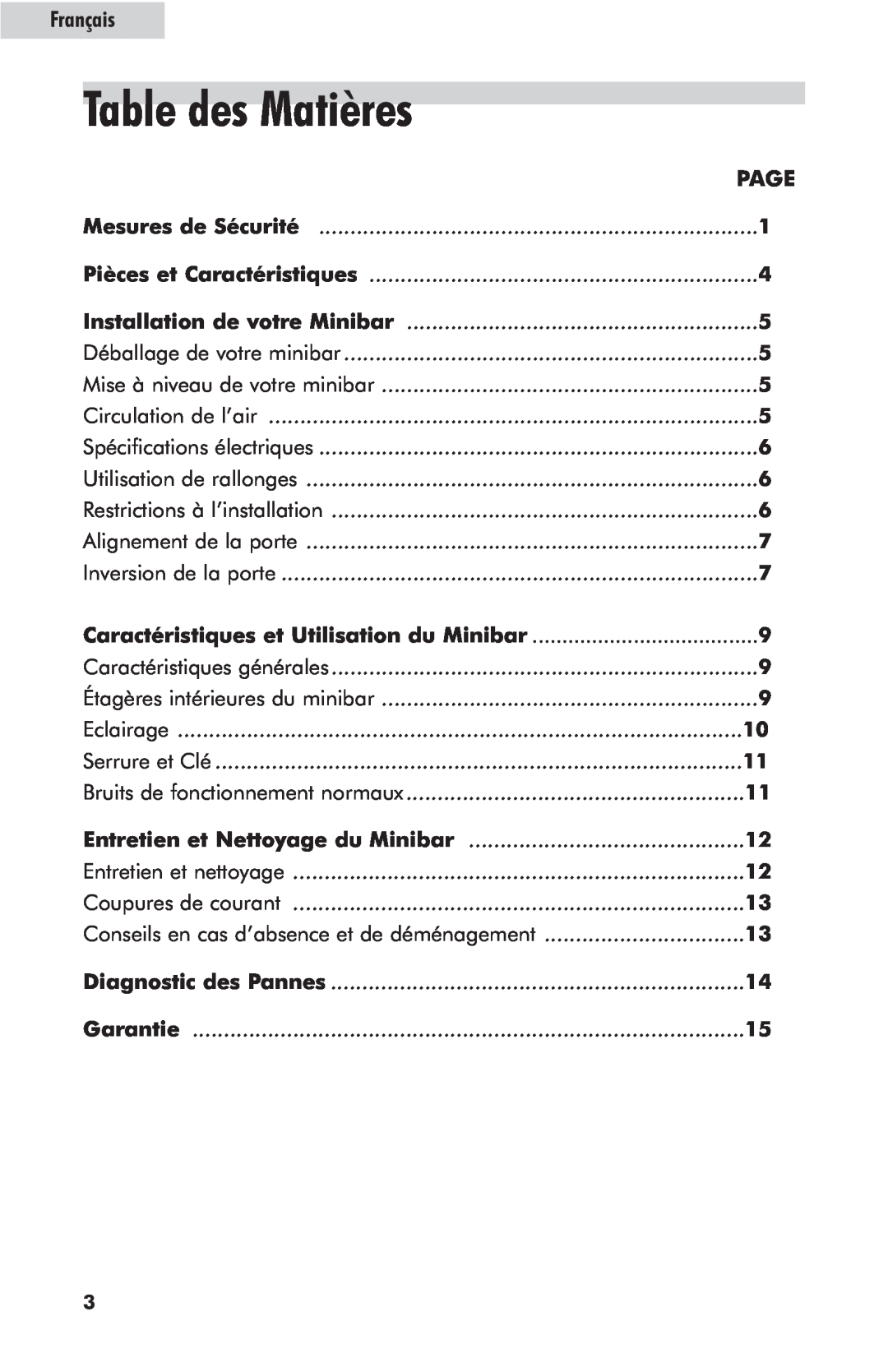 Haier hc125fvs user manual Table des Matières, Caractéristiques et Utilisation du Minibar, Français 
