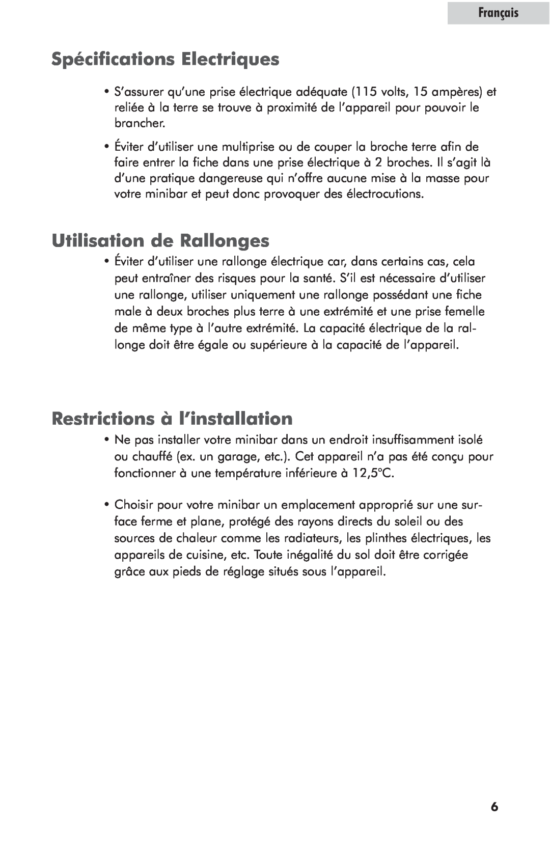 Haier hc125fvs user manual Spécifications Electriques, Utilisation de Rallonges, Restrictions à l’installation, Français 